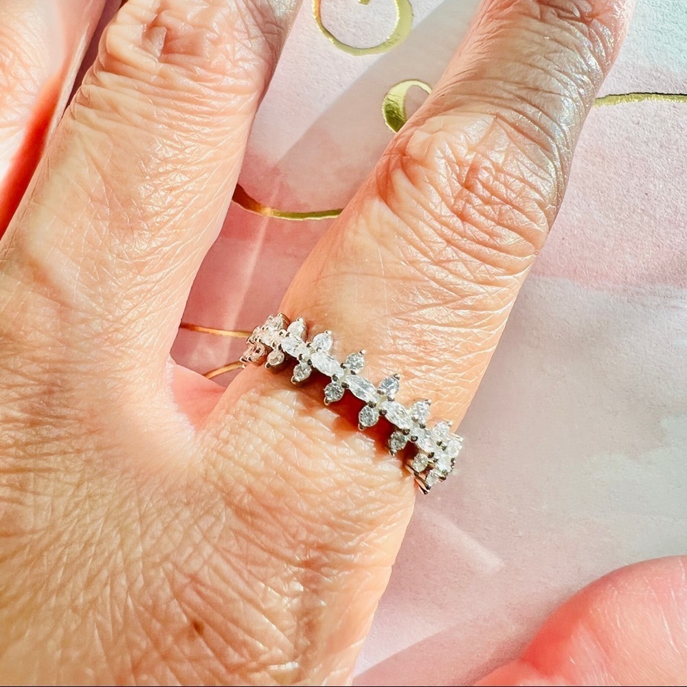 Flower Crown Wreath Marquise Crystal Sterling Silver S925 Eternity Ring Size 6